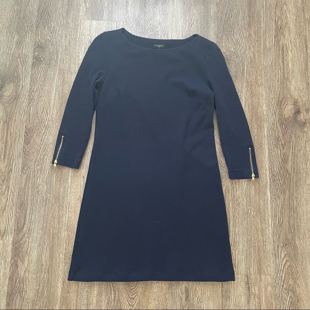 Talbots Navy Short Three Quarter Sleeve Dress size Small Petite with Yellow Gold